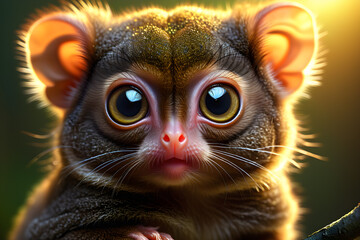 Fototapeta premium Little cute tarsier on a tree in backlight closeup