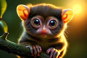 Naklejka premium Little cute tarsier on a tree in backlight closeup