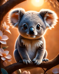 Fototapeta premium Little cute koala on a tree in the sunset light