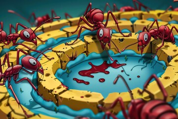 A colony of ants builds a miniature obstacle course, challenging their fellow ants to navigate the twists and turns, each ant equipped with a tiny helmet