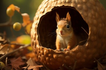 Obraz premium Crunchy Squirrel acorn forest autumn. Rodent tail tree. Generate Ai
