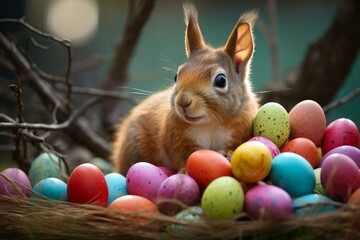 Adventurous Squirrel holding colorful eggs sunny day. Love nature spring beauty. Generate Ai