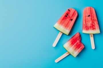 Watermelon popsicle on a blue background. Watermelon slices on sticks. View from above. place for text. generative ai