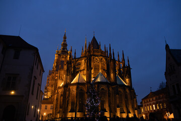 Fototapeta premium St. Vitus Cathedral Exterior at Blue Hour on New Year's Eve in Prague
