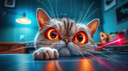 A curious cat employs Bitcoin to acquire a new laser toy, playfully chasing the dancing beams of light, its paw batting at the elusive laser beam, closeup - obrazy, fototapety, plakaty