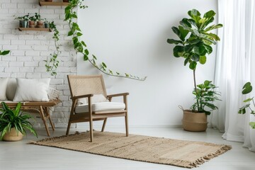 Armchair on rug next to bench with plants in white loft interior with wooden sofa. Real photo