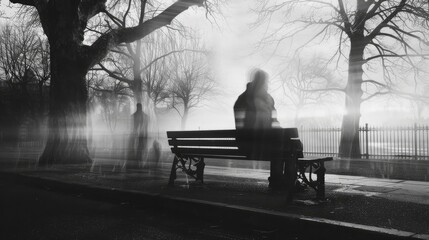 A lone person seated on a park bench surrounded by translucent ghostly images of their former selves - obrazy, fototapety, plakaty