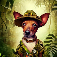 strange dog in hunting clothes in the jungle, portrait, Ai generated illustration