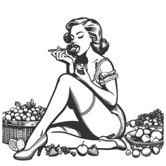 Pin-up girl eats berries and fruits sketch engraving generative ai fictional character vector illustration. Scratch board imitation. Black and white image.