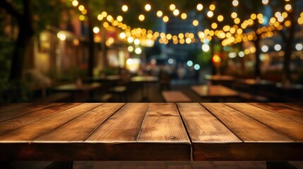 Restaurant atmosphere with a warm wooden tabletop and soft ambient bokeh lights, perfect for cozy...