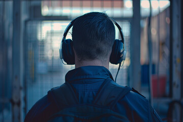 Rear view of a security guard listening to his headset  - obrazy, fototapety, plakaty