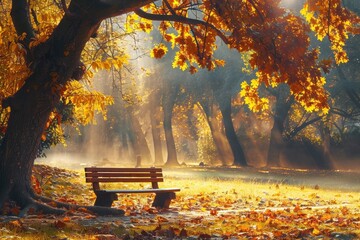 panorama of bench under old oak trees at misty autumn morning with sunbeams shining thru leaves - Powered by Adobe