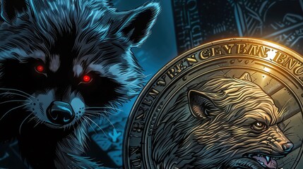 A mischievous raccoon breaks into a bank, attempting to steal a giant coin made of pure gold - obrazy, fototapety, plakaty