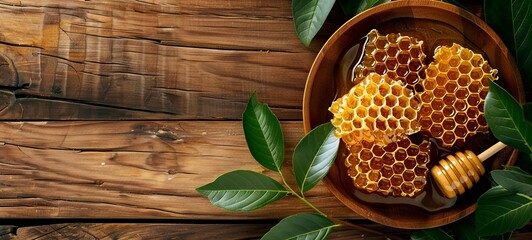 Wooden plate with honeycombs filled with honey. green leaves. on a wooden background. view from above. place for text. generative ai - obrazy, fototapety, plakaty
