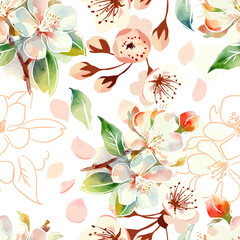 sakura pink seamless pattern. Pink White Sakura Japanese Cherry Blossoms. hand drawing. Not AI. Vector illustration.