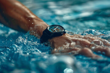 Sports, swimming and coach with a timer for training, exercise or a extreme sport competition. Fitness, pool and athlete or swimmer doing a cardio workout or practice with a mentor with a watch