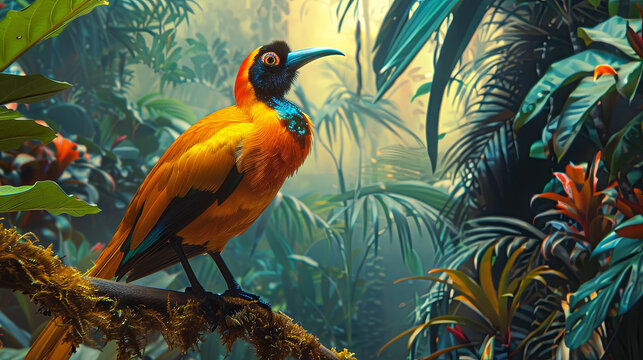 The raggiana bird-of-paradise in tropical forest, green colors