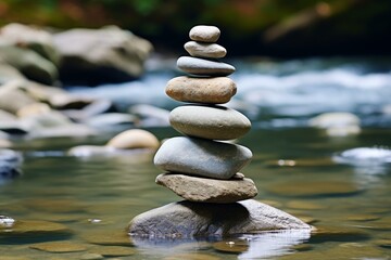 Tranquil Stacked stones water. Zen relaxation natural outdoor lake. Generate Ai