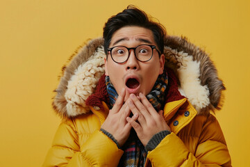 Surprise, hand and asian male shocked by winter, fashion and sale announcement in studio on yellow background. Wtf, worry and Japanese male customer with omg deal, news or coming soon promotion - obrazy, fototapety, plakaty
