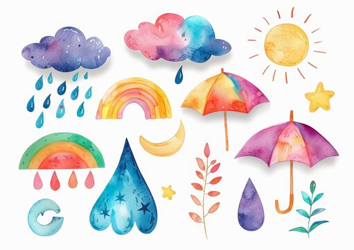 Watercolor Weather Stickers on Plain Background Generative AI
