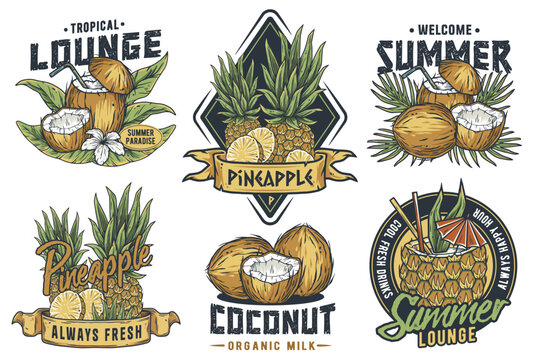 Set of six stylish badges featuring pineapples and coconuts with summer themes. Fruits or exotic eco elements for vegetarian menu. Organic nature ingredients for food market