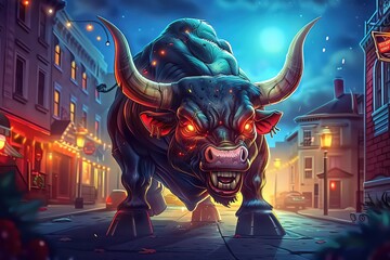 A lone bull charges through the streets, symbolizing the strength and resilience of the stock market