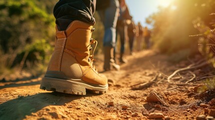 A person with hiking boots explores the natural landscape of a forest, walking along a woodland...