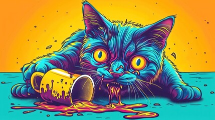 A mischievous cat knocks over a cup of hot coffee, causing a comical caffeine catastrophe - obrazy, fototapety, plakaty