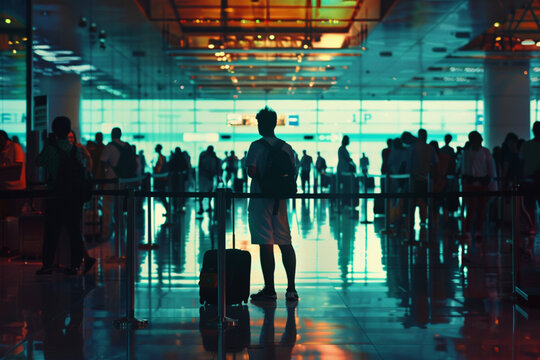 Travel, queue and wait with man in airport for vacation, international trip and tourism. Holiday, luggage and customs with passenger in line for airline ticket, departure and flight transportation