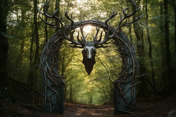 Patient Deer stag waiting gateway. Amazing background. Generate Ai