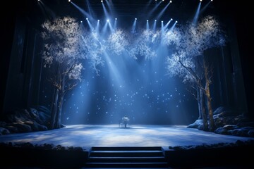 Tranquil Stage spotlight snow forest stand. Space clean podium floor style. Generate Ai