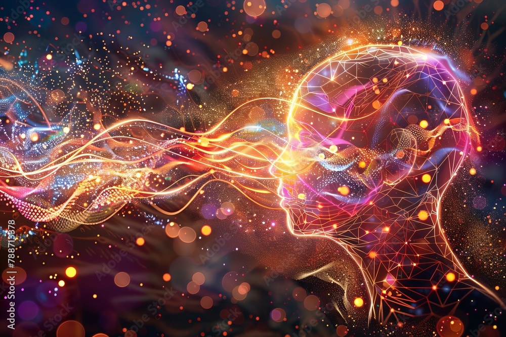 Poster Cognitive Constellation: An Abstract Visualization of the Human Mind Interlaced with Glowing Particles and Digital Networks, Generative AI