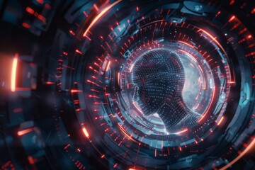 A Human Head Silhouette Encircled by Cyber Data Rings, Symbolizing Technological Intelligence, Generative AI