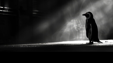 Naklejka premium Penguin stands in a dark room Light streams through window behind