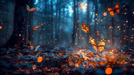 Fluttering fireflies and butterflies fly in the night fantasy enchanted forest. Fairy tale concept., generative ai	