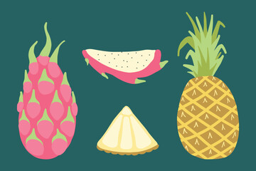 Illustration of tropical fruits including pineapple, dragon fruit, pitaya slice, and lime slice. Vibrant, colorful, and fresh, perfect for themes of healthy eating, summer, and exotic foods.