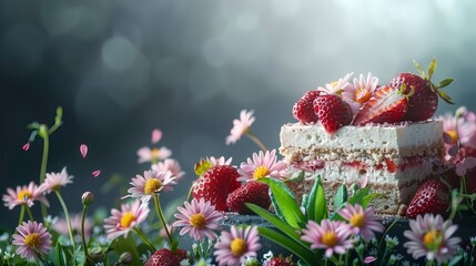   A cake topped with strawberries, surrounded by daisies; daisies in the foreground