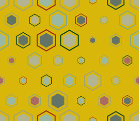 Geometric pattern. Multicolored geometric elements of varied size. Hexagon mosaic background with inner solid cells. Large honeycomb cells. Tileable pattern. Seamless vector illustration.
