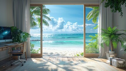 The tranquil beauty of a beach unfolds beyond the home office window, offering a serene backd