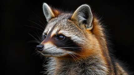 Naklejka na ściany i meble A tight shot of a raccoon's face against a black backdrop, the surroundings softly blurred