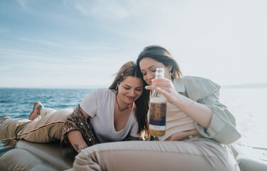 Adult friends sharing a relaxed and joyous moment together during a leisurely boat vacation on a...