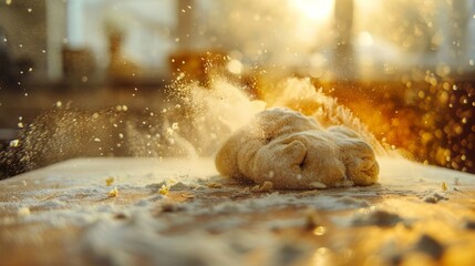 Kneaded dough amidst flour explosion with warm backlight. Close-up baking process with dynamic movement. Culinary arts and bread-making concept.