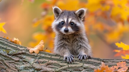 Naklejka premium A raccoon sits on a tree branch, surrounded by falling autumn leaves, gazing at the camera