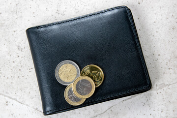 Leather partmone with money, coins and bills. Business concept.