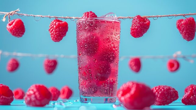   A glass holding raspberries and a line of raspberries against a blue backdrop  A blue background displays a glass filled with raspberries and a row of rasper