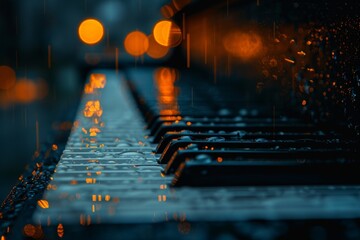 Raindrops glistening on a piano keyboard surface with a backdrop of glowing city lights bokeh effect.