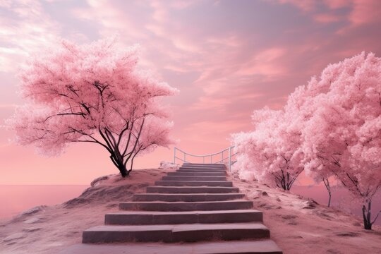 Dreamy stairs pink sky safety. Steel old. Generate Ai