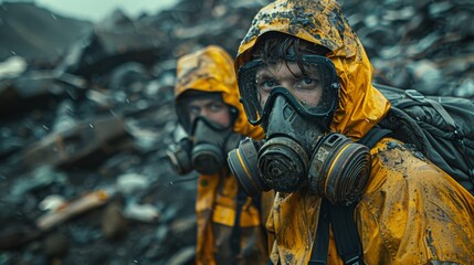 Surrounded by a mountain of garbage, trash, and plastic waste, two men don personal protective equipment as they prepare to embark on a monumental cleanup effort. 