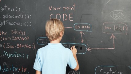 Back view of student writing engineering prompt on blackboard. Handsome clever child or boy planing...