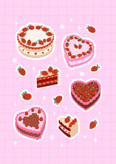 Set of flat stickers with cute cakes, slices and berries on checkered background. Cakes with strawberries vector illustration